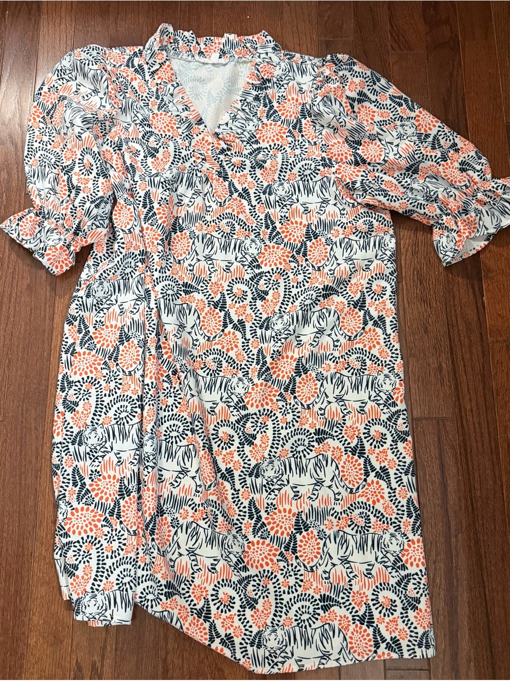 Mary Square Floral & Tiger Print V-Neck Tunic in Orange , Navy & White